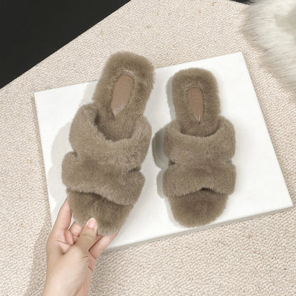 jinran 2024 Winter New Women's Plush Slippers Fashionable Design Flip-flops Black Mules Ladies' Casual Flat Shoes White Work Shoes