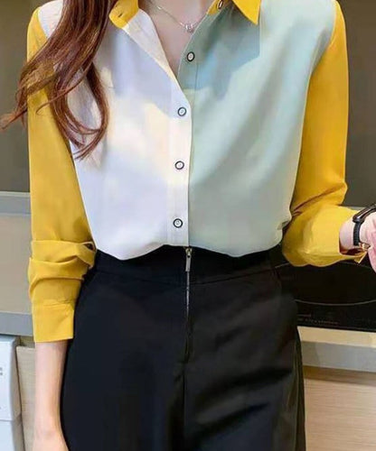 jinran Korean Fashion Hit Color Patchwork Loose Blouse Elegant Chiffon Tops Office Lady Spring Summer Chic Button Up Shirts Tunics