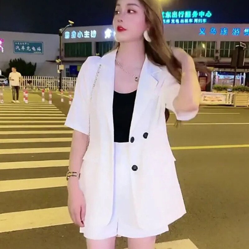 jinran Korean Popular Summer New Elegant Women's Shorts Suit Casual Short Sleeve Jacket Shorts Two Piece Set Female Tracksuit Coat