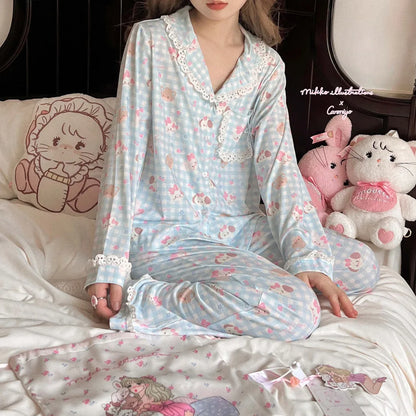 Korean Lace Pajamas Women Spring Sleepwear Lace Plaid Pyjamas Cute Cartoon Long Sleeve Nightdress Loose Comfortable Home Wear