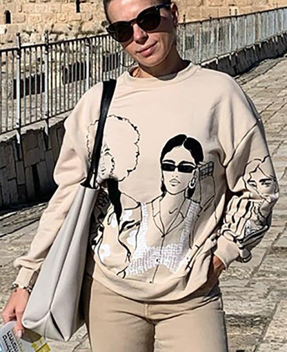 jinran Fashion Character Print Sweatshirt Women Loose O Neck Pullover Tops Ladies Long Sleeve Casual Hoodies Sweatshirts 2024