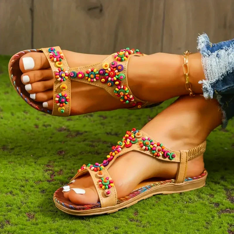 jinran Beaded Flowers Flat Heeled Sandals Women Summer 2023 Plus Size Open Toe Bohemian Sandals Woman Elastic Strap Rome Shoes