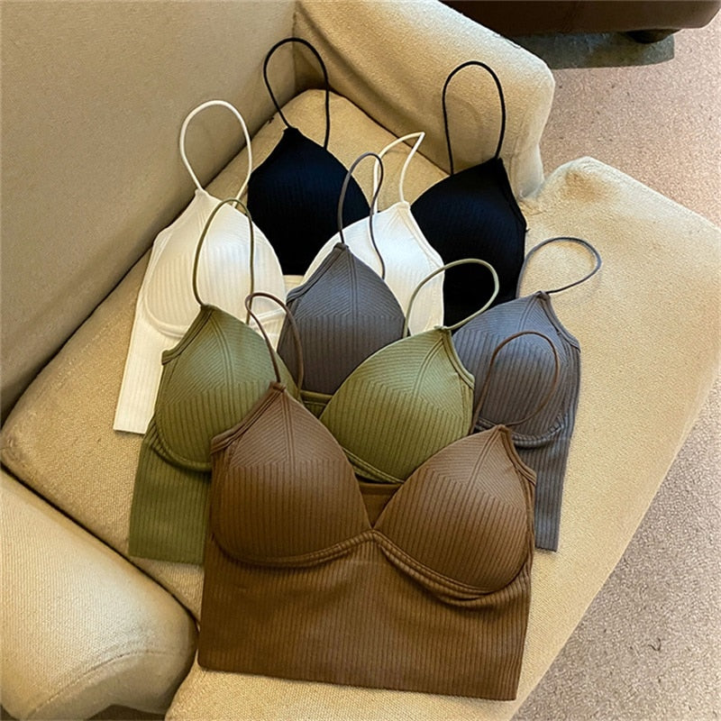 jinran Ribbed Crop Top Women Push Up Wireless Triangle Cup Bra Sexy Beautiful Back Camisole 2022 New