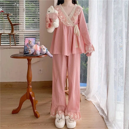 jinran New V-neck Tied Pajama Set for Women Spring Autumn Tops Long Sleeved Pants Lace Lace Pajamas