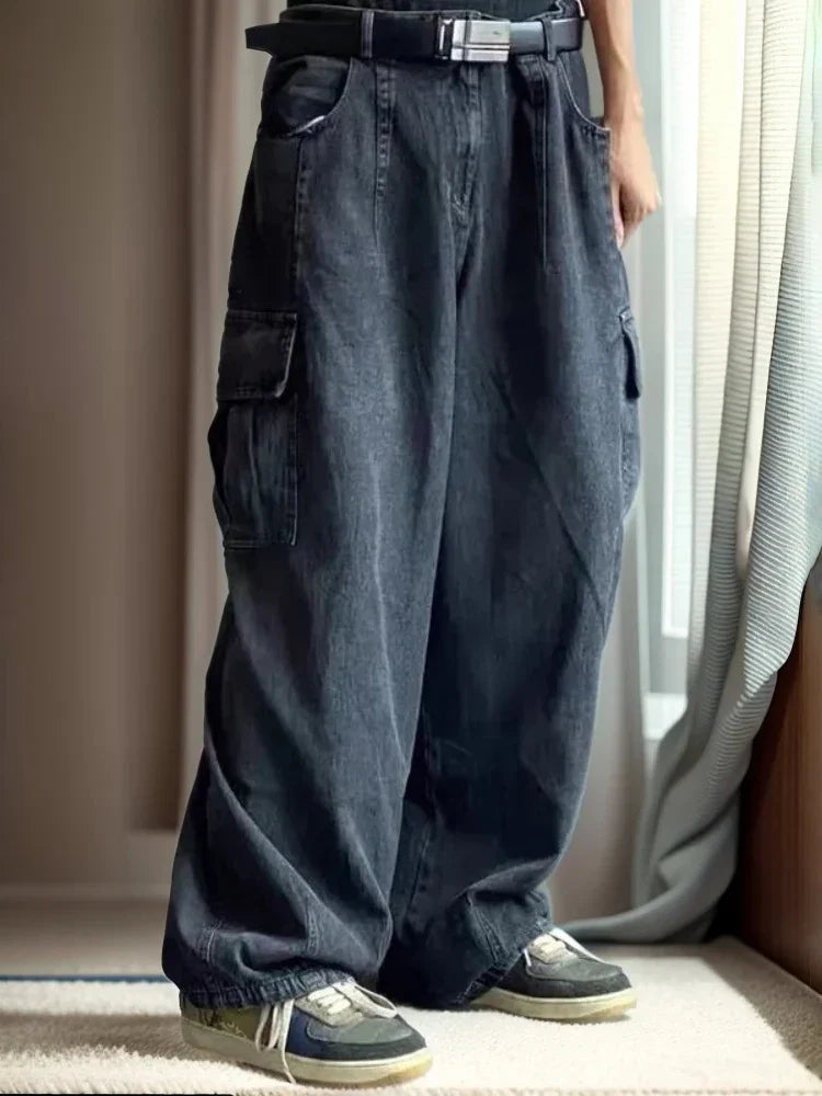 Baggy Jeans for Men Black Denim Cargo Pants Wide Leg Pants Oversize Cargo Pants Korean Streetwear Hip Hop Harajuku