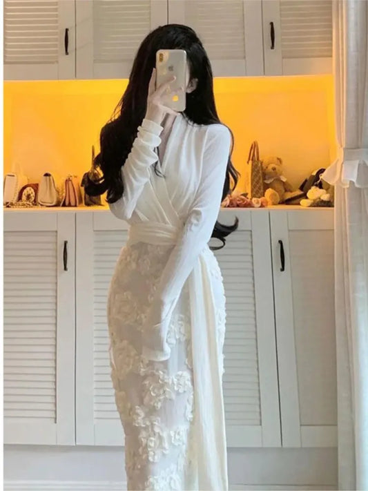 jinran Women Elegant Flowers Bandage One-piece Dresses Spring Long Sleeve Patchwork Luxury Party Vestido Office Lady Clothing