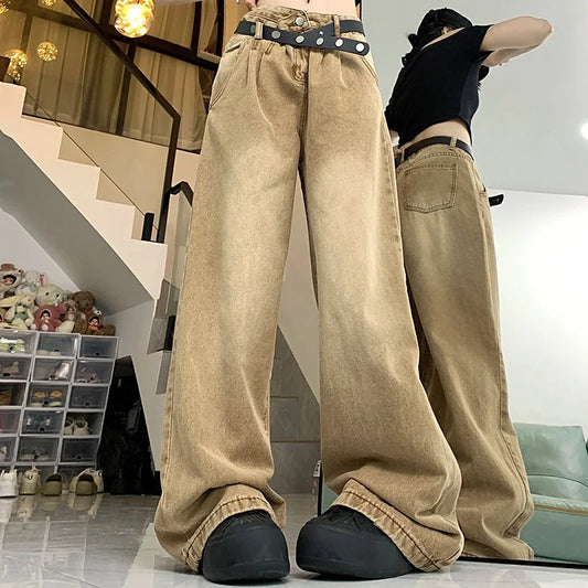 jinran Woman American High Waist 2000s Y2k Jeans Female 90s Vintage Designer Baggy Pants Girls Harajuku Fashion Brown Denim Trousers