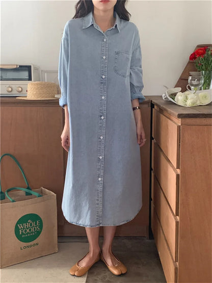 jinran Spring Summer Women Casual Denim Shirt Dress Loose Long Sleeve Cardigan Dress Korea Ladies Womens Denim Shirt Long Dresses