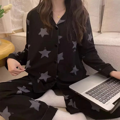 jinran Korean Pajamas Women's Spring and Summer New Long-sleeved Black Star Full Print Loungewear Set Pijamas Women Lingerie Sleepwear