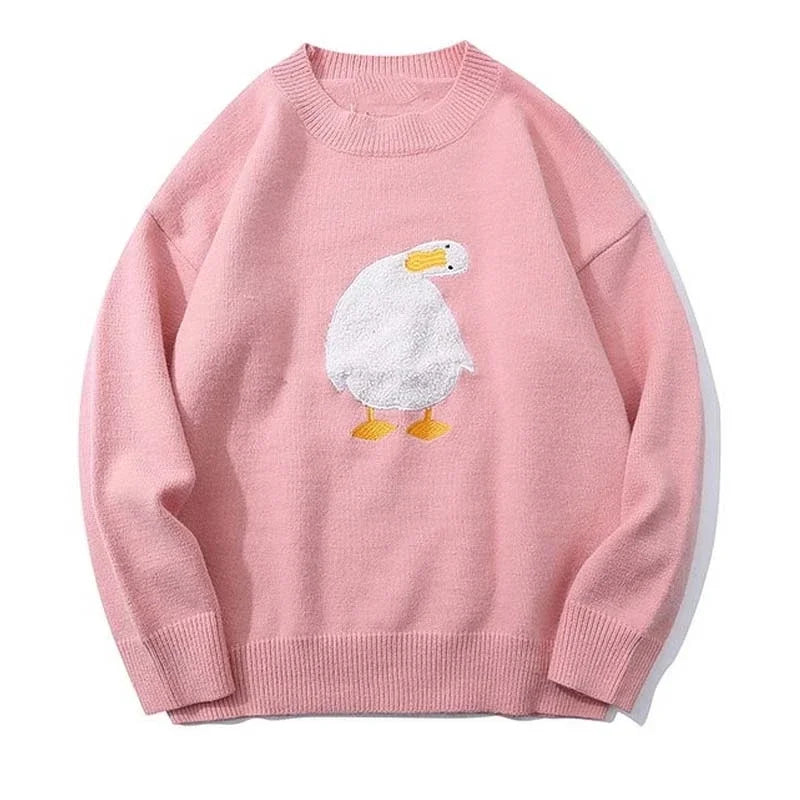 Harajuku Oversized Knitwear Sweater Men Cartoon Duck Goose Embroidery Jumpers Japanese Fashion O-Neck Streetwear Couple Unisex