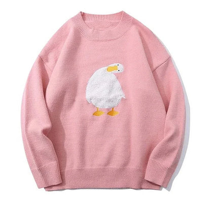 Harajuku Oversized Knitwear Sweater Men Cartoon Duck Goose Embroidery Jumpers Japanese Fashion O-Neck Streetwear Couple Unisex