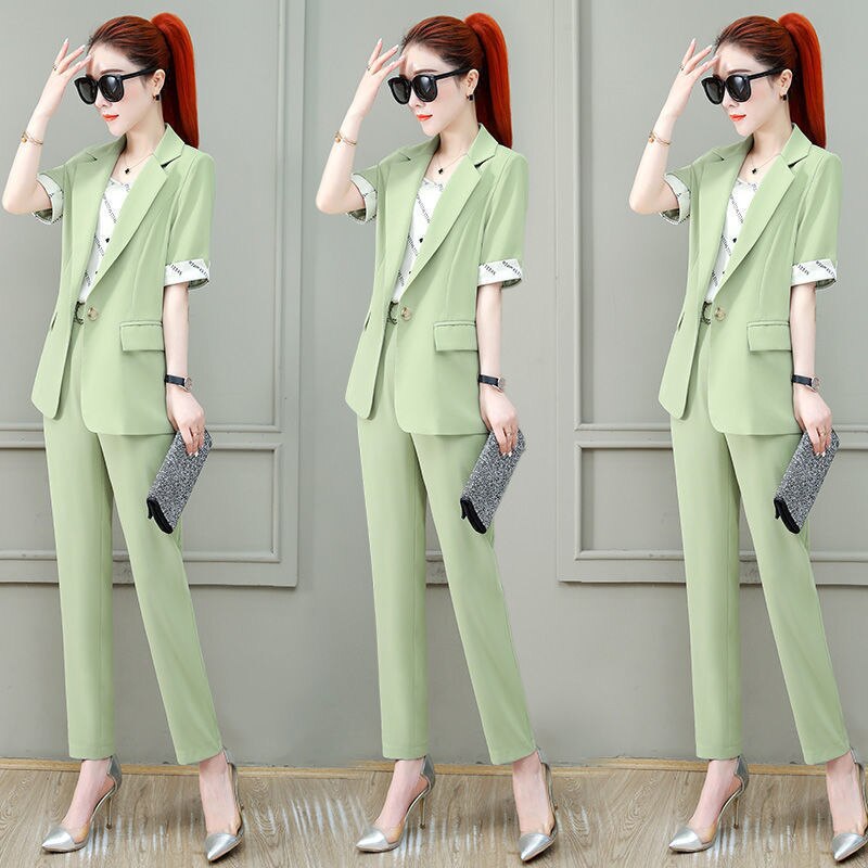 jinran 2022 Summer New French Elegant Women's Pants Suit Slim Jacket Office Blazer Casual Trousers Two-piece Set Female Tracksuit Set