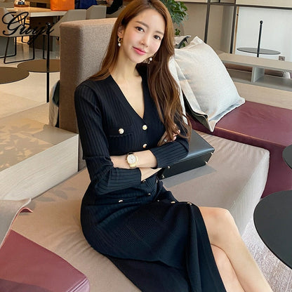 jinran Vintage Korean Maxi Dresses for Women Party Long Sleeve V-neck Mermaid Dress Elegant Fashion Ladies Vestidos Femme Autumn 2022