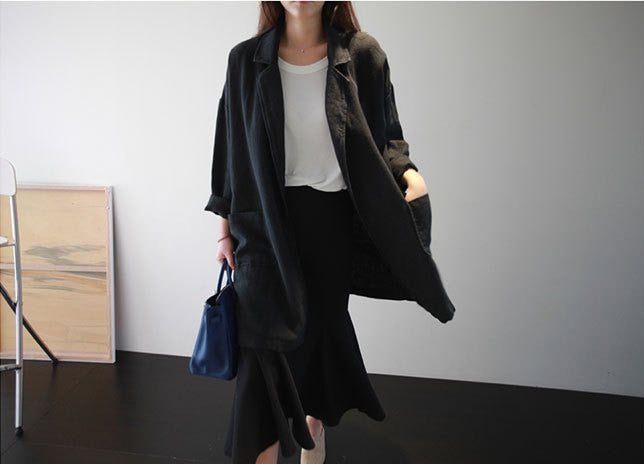 jinran Spring Autumn New Korean Turn-down Collar Long Coats 2022 Casual Solid Color Loose All Match Pockets Women Jackets