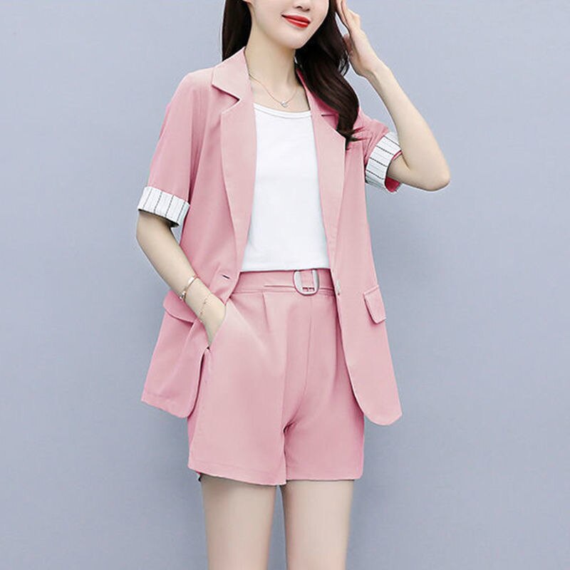 jinran 2022 Korean Style Summer New Elegant Women's Shorts Suit Short Sleeve Blazer Belt Decorative Shorts White Vest Three Piece Set