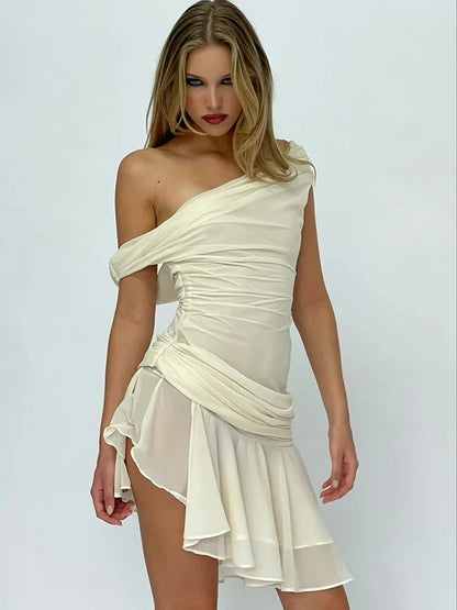 jinran Chiffon Mesh Backless Sexy Mini Dress For Women Oblique Shoulder Sleeveless Ruffle Club Party Drape Dress Elegant 2024
