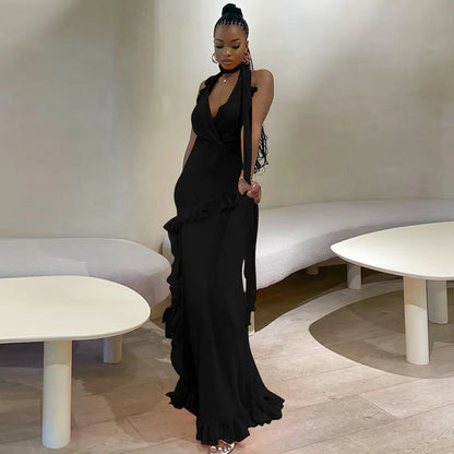 jinran Y2K Sexy Ruffles Halter Dress Women Summer Deep V-Neck Backless Split Collar Zipper Elegant Bodycon Party Clubwear Vestidos