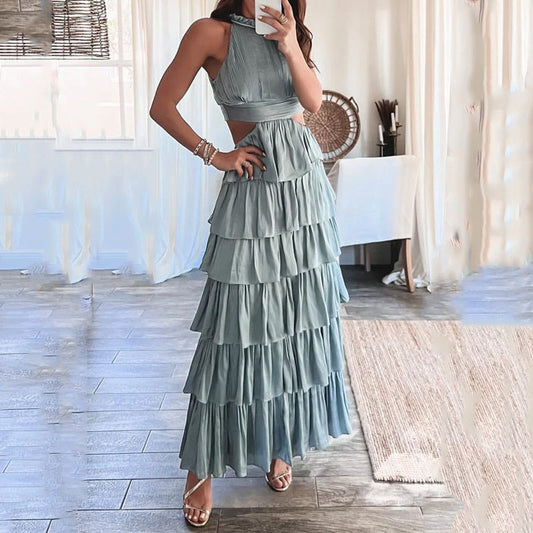 jinran Women Maxi Dress Summer Elegant Solid Ruffled Sleeveless Round Neck Hollow Out Backless Lace Up Slim Nipped Waist Dress