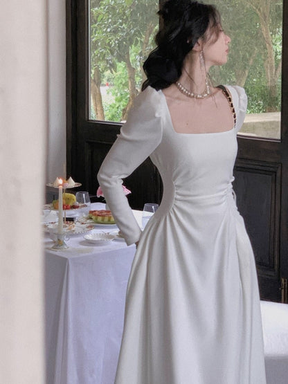 jinran 2023 Spring New Elegant Square Collar Midi Party Dress  For Women Long Sleeve Black White Slim Vestidos Female Clothes