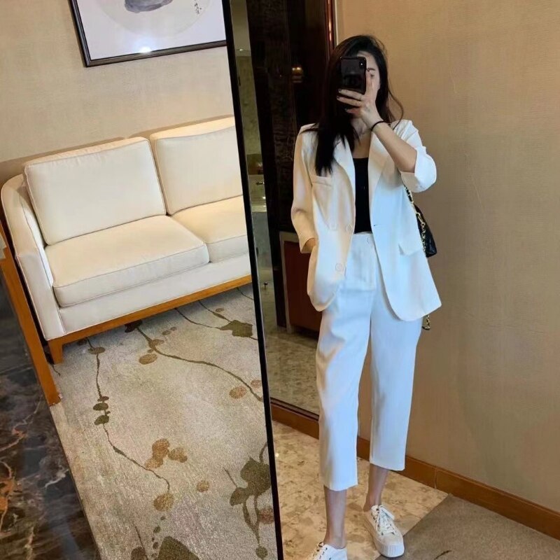 jinran 2022 Summer South Korea Thin Suit Suit Elegant Women Simple Fashion Coat High Waist Straight Tube Capri Pants Two-piece Set