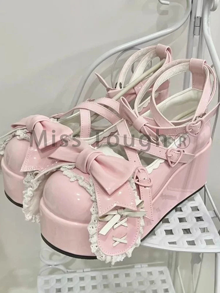 jinran Summer Lovely Bow Strap Lolita Shoes for Women Sweet Bowtie Platform Mary Janes Woman Patent Leather Non-Slip Cute Flats 2024