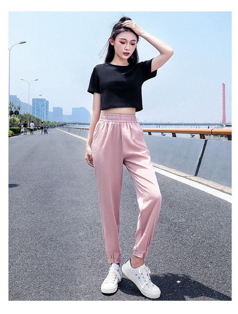 jinran Women'S Spring And Summer Ice Silk Sports  New 9-Point Pants Loose And Thin Female Fashion Leisure Mosquito Proof Trousers