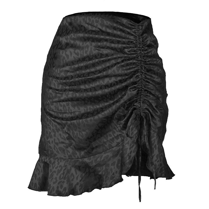 jinran Fashion Drawstring Leopard Print Satin Women Mini Skirt Summer High Waist Zip Up Ladies Fairycore Trend Miniskirt