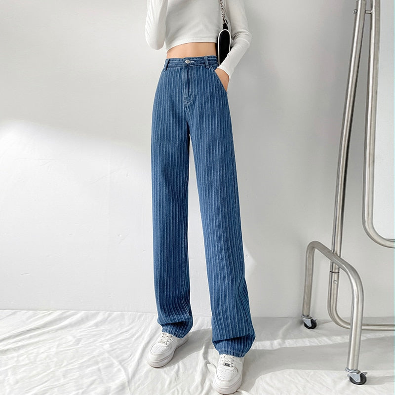 jinran Jacquard Blue Women Pants 2022 New Casual Striped Retro Basic Straight Loose Plus Size Jeans Y2K Fashion Trendy Ladies Trousers