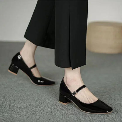 jinran Women Chunky Heel Shoes 2023 Spring Pu Leather Buckle Strap Mid Heels Women Mary Jane Shoes Dress Office Shallow Ladies Shoes