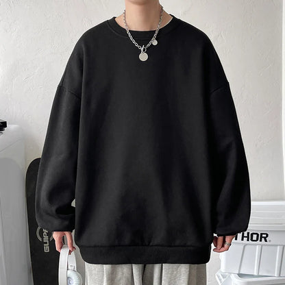 Harajuku Sweatshirts Men Korean Solid Color Basic O Neck Oversized Pullovers Spring Autumn Simple Fashion Casual Tops 5XL-M