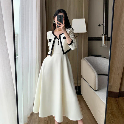 jinran Elegant 2-Piece Dress Set for Lady Short Coat A-Line Midi Camisole Dresses Slim Korean Fashion Female Suit Spring Autumn New