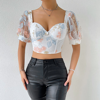 jinran Summer Embroidery Floral Blouse Chic Streetwear Fashion Y2K Blouses Sheer Mesh Square Collar Tulle Tops cute tops women