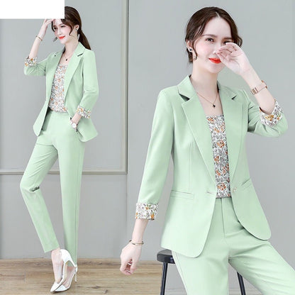 jinran 2022 Summer New Korean Fashion Elegant Women's Pants Suit Printed Vest Flannel Jacket Casual Trousers Three Piece Set Blazer