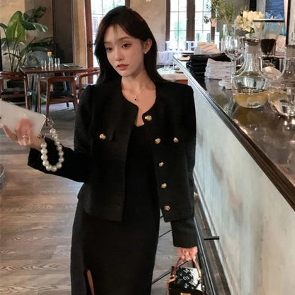 jinran Elegant Tweed Jacket Women New Spring Autumn Vintage O-Neck Single Breasted Cropped Jacket Korean Long Sleeve Short Coat Top