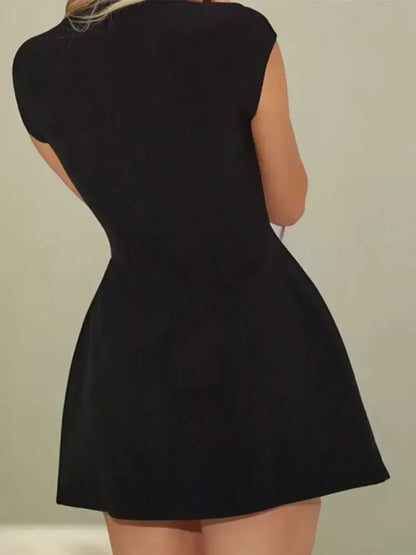 jinran 2024 Women Elegant Slim Solid Pockets Mini Dress Fashion O-neck Short Sleeve A-line Dresses Office New Lady Chic Commuting Robes