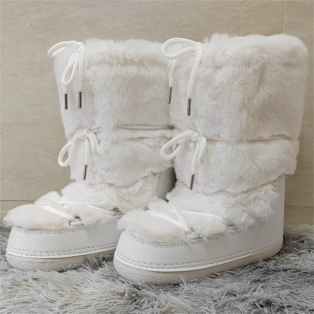 jinran 2024 Winter Snow Boots for Women Rabbit Fur Snow Boots Platform Lace-up Fluffy Furry Fur Ski Boots Female Warm Cotton Boots