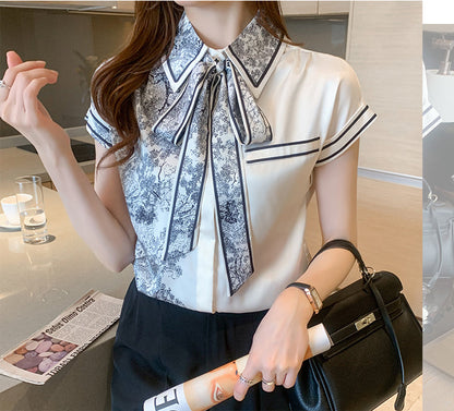 jinran Elegant Satin Luxury Women's Blouses Summer Casual Fashion Short Sleeve Print Stitching Bow Collar Shirt Loose Tops Chic Tunics