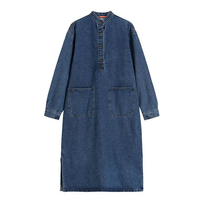 jinran Oversized Vintage Denim Dress Female Retro Japanese Loose Stand Collar Long Sleeves Big Pocket Long Dress 2022 New Spring