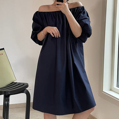 jinran Summer women's casual solid color puff sleeve loose dress