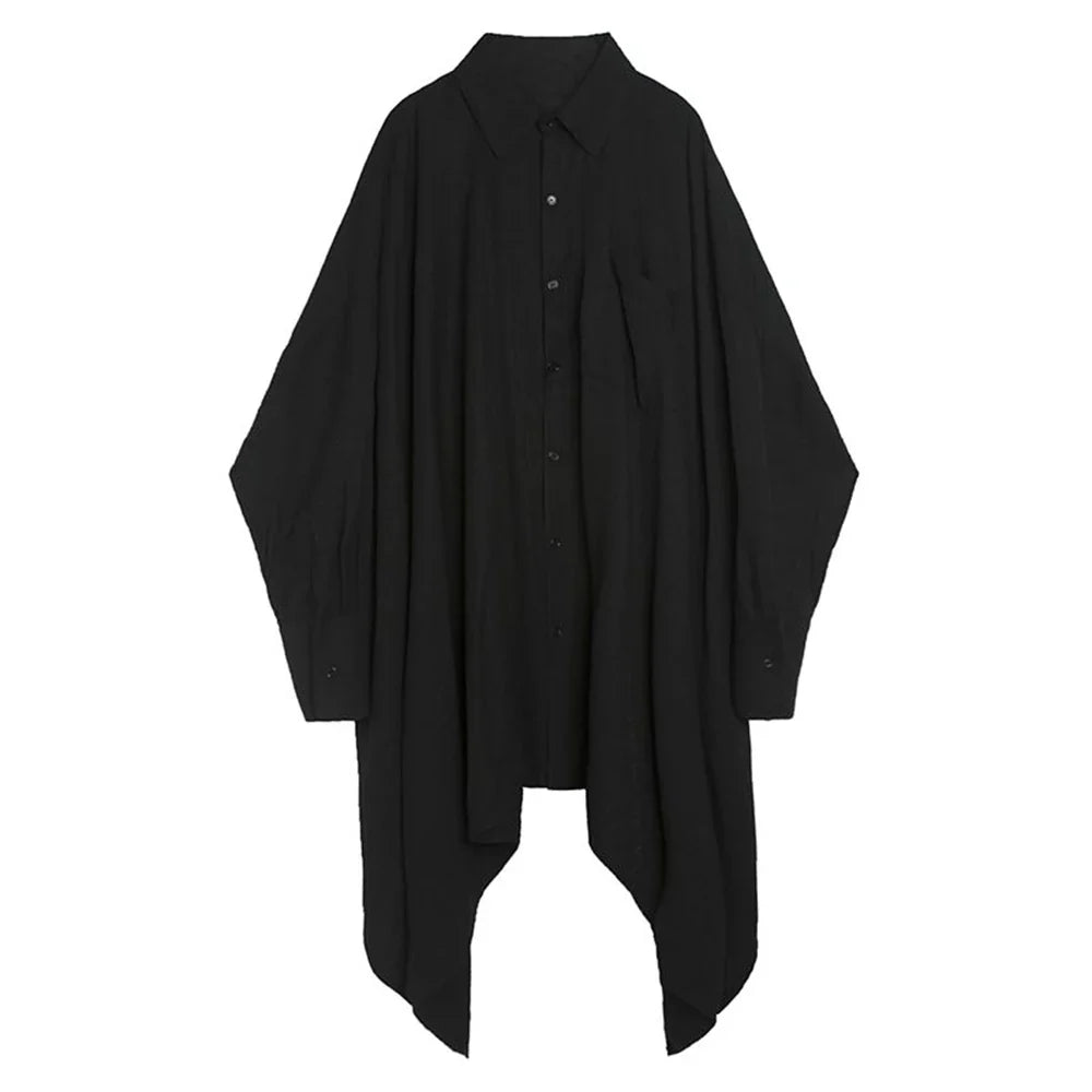 Mens Harajuku Irregular Shirt 2024 Spring New Fashion Goth Handsome Loose Oversized Lapel Fashion Long Sleeve Cloak Unisex