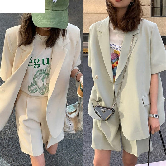 jinran Summer 2022 Thin Casual Loose Short Sleeve Jacket and Shorts Two-piece Elegant Women's Pants Suit Female Office Tracksuit Blazer