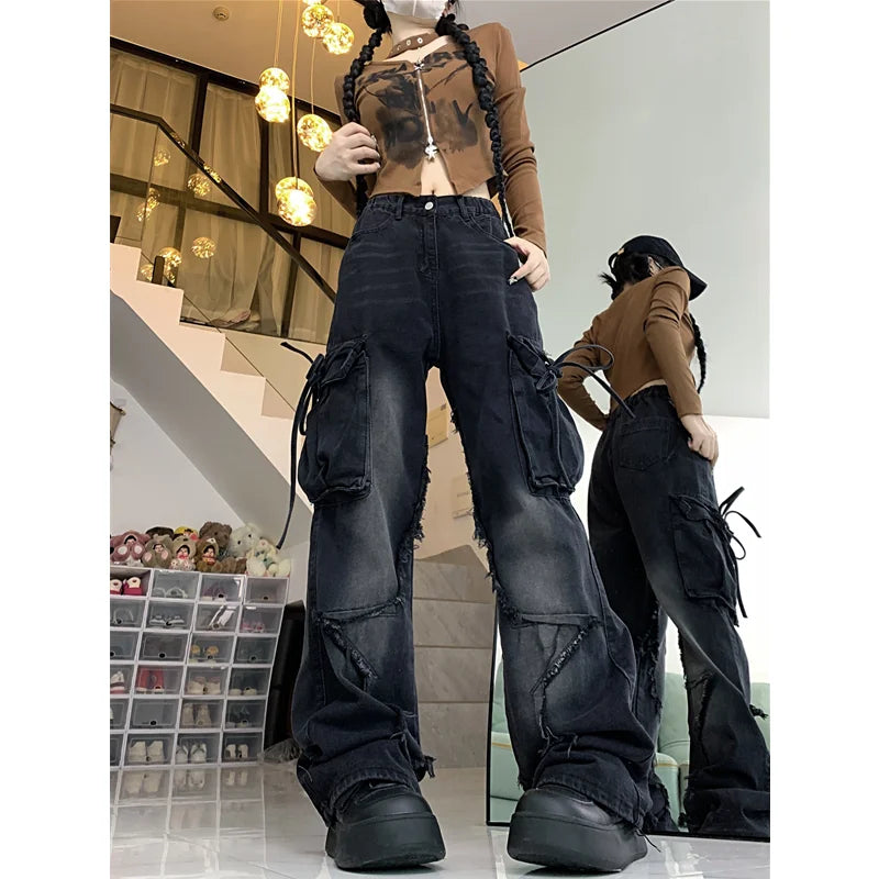 jinran Women's Black Gothic Baggy Sense of Design Cargo Jeans Harajuku Y2k Aesthetic Jeans Pants Vintage Clothes Hip Hop Denim Trousers