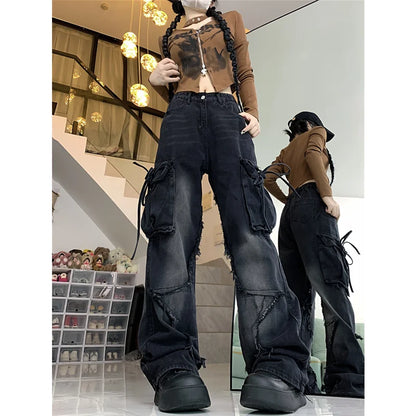 jinran Women's Black Gothic Baggy Sense of Design Cargo Jeans Harajuku Y2k Aesthetic Jeans Pants Vintage Clothes Hip Hop Denim Trousers