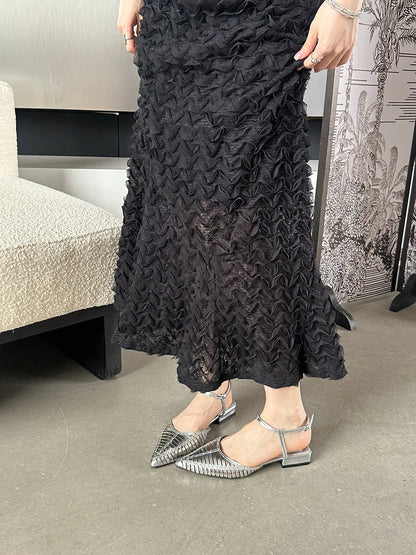 jinran Pointed Toe Women Sandals 2024 New Arrivals Ankle Strap Black Silver Summer Flat Low Heeled Rhinestone Party Sandals Size 35-39