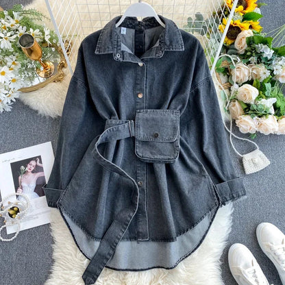 jinran Women's Denim Shirt Dress Straps Waist Thin Single-breasted Pockets Jacket Cowboy Blouses Belted Cardigan A-Line Dress Vestido