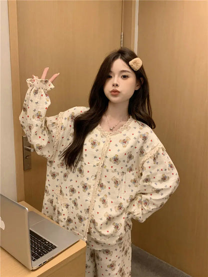 jinran 2024 New Sweet Spring Women Home Suits Female Lace Trim Cute Pajamas Sets Girls Cartoon Long Sleeves Trousers Simple Nightwear