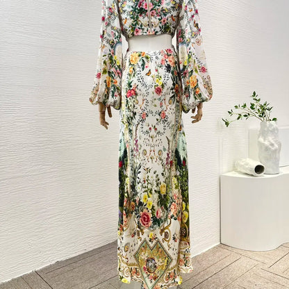 jinran White Floral Print Long Sleeve Cut Out Ankle-length Dress