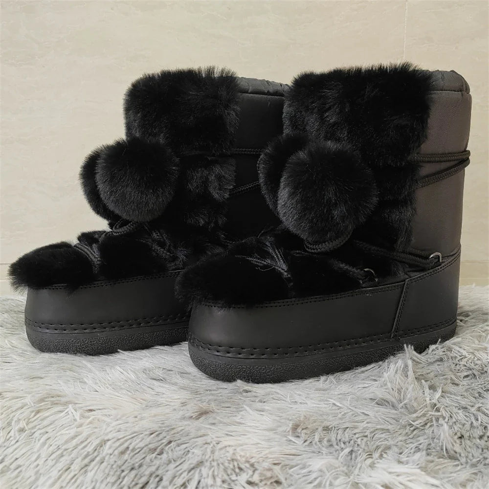 jinran 2024 Winter Snow Boots for Women Rabbit Fur Snow Boots Platform Lace-up Fluffy Furry Fur Ski Boots Female Warm Cotton Boots