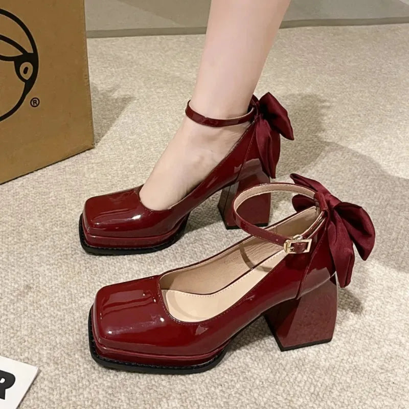 jinran 2024 Spring Casual Party Mujer Zapatos Versatile Solid Color Patent Leather Mary Jane Shoes Fashion Bow Brand Design High Heels