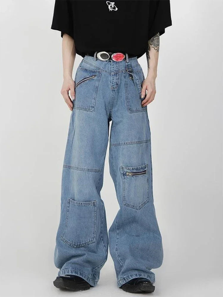 Baggy Cargo Jeans Men Denim Wide Leg Trousers Male Oversize Casual Streetwear Hip Hop Pocket Zipper Safari Style